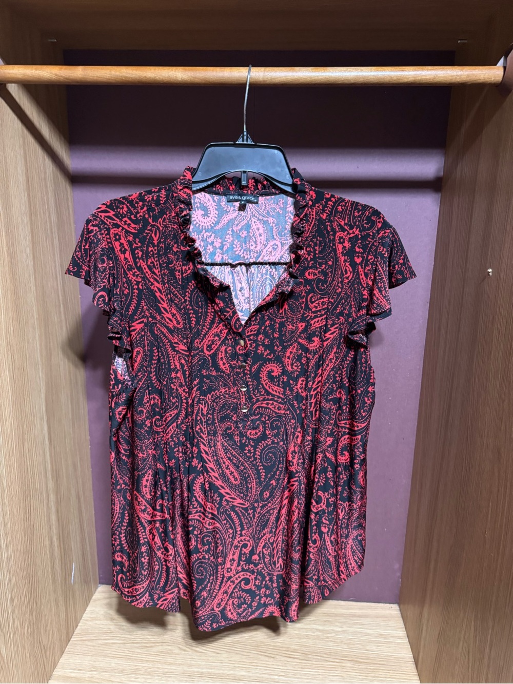 Ava & Grace Red Black Paisley Ruffle Sleeve Blouse XL